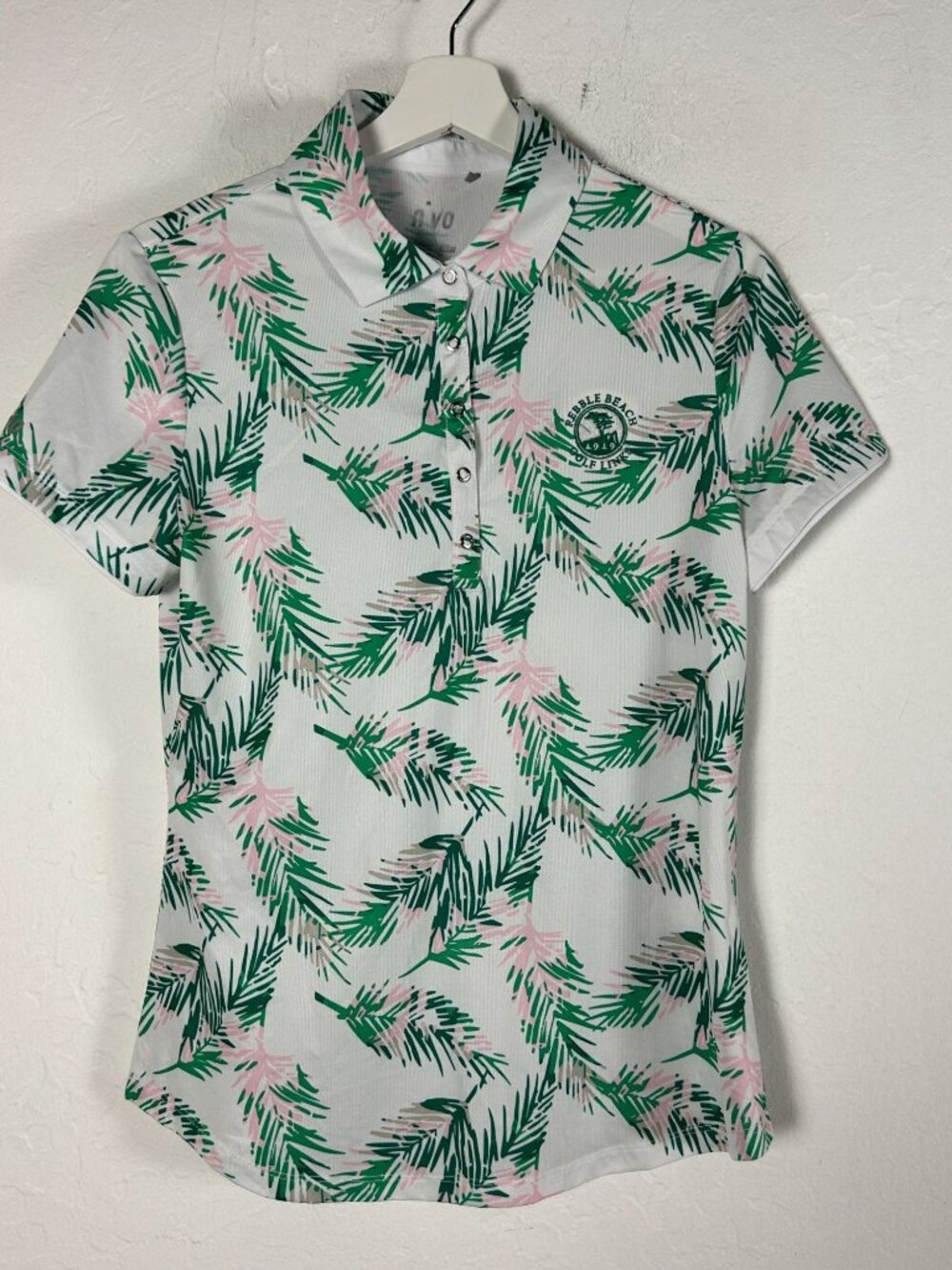 Nivo Womens White Green Palm Leaf Short Sleeve Polo Shirt Small Pebble Beach